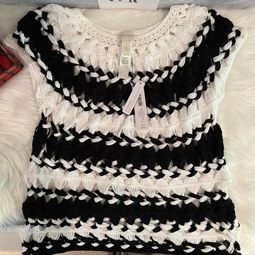 New Chicos Striped Open Knit Crochet Pullover Boatneck Sweater Black White NWT